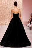 Simple Black Strapless Velvet A Line Long Evening Dress