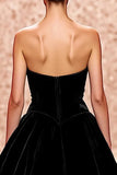 Simple Black Strapless Velvet A Line Long Evening Dress