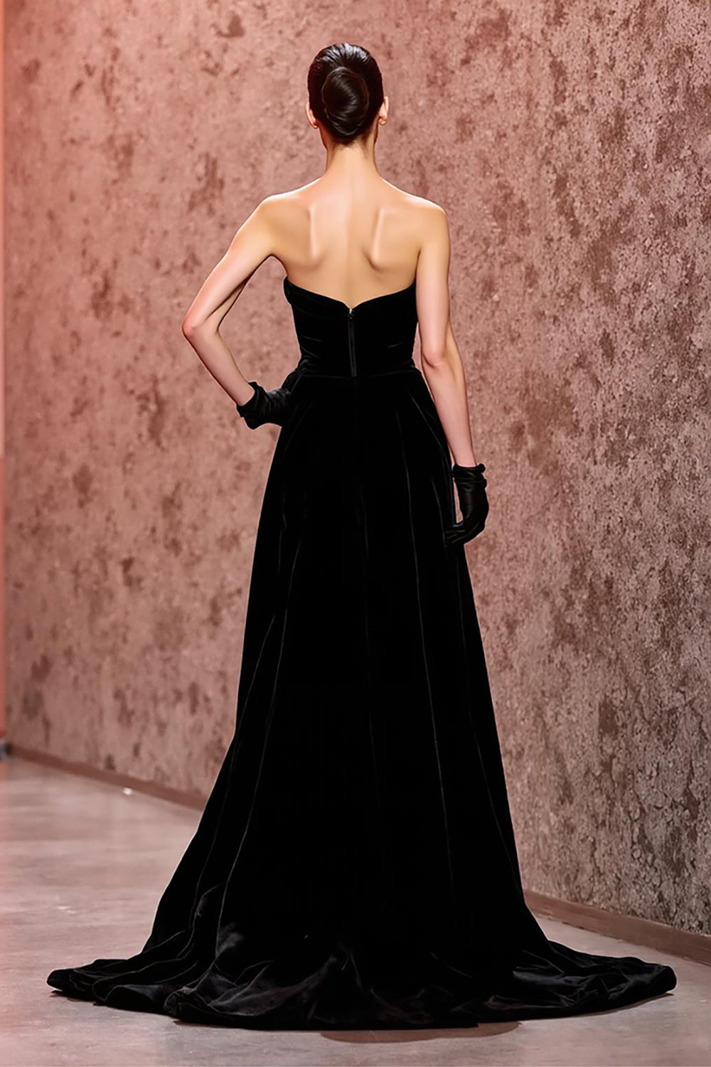 Simple Black Velvet Strapless Long Evening Dress with Slit