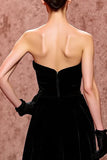 Simple Black Velvet Strapless Long Evening Dress with Slit