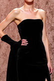 Simple Black Velvet Strapless Long Evening Dress with Slit