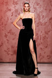 Simple Black Velvet Long Strapless Evening Dress with Slit