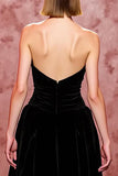 Simple Black Velvet Long Strapless Evening Dress with Slit