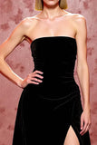 Simple Black Velvet Long Strapless Evening Dress with Slit