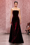 Dark Red Strapless Velvet Long Sheath Evening Dress
