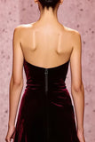 Dark Red Strapless Velvet Long Sheath Evening Dress
