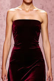 Dark Red Strapless Velvet Long Sheath Evening Dress