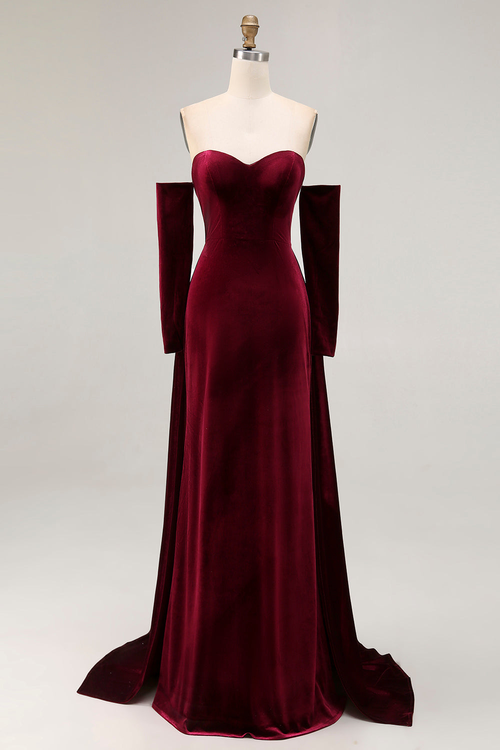 Dark Red Velvet Off the Shoulder A Line Long Evening Dress with Sleeves