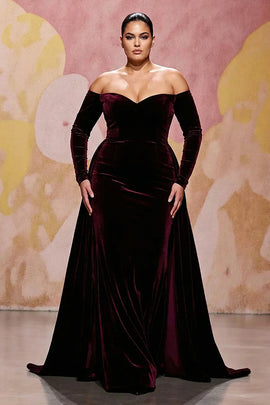 Plus Size Dark Red Velvet A Line Long Off the Shoulder Evening Dress