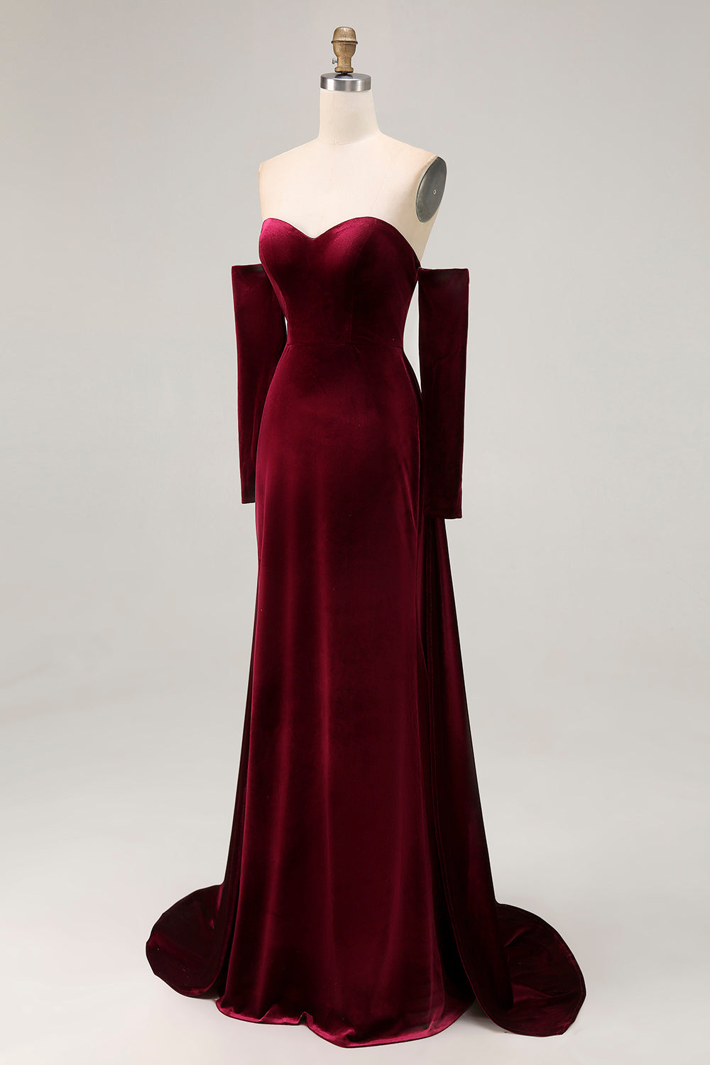 Dark Red Velvet Off the Shoulder A Line Long Evening Dress with Sleeves