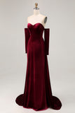 Dark Red Velvet Off the Shoulder A Line Long Evening Dress with Sleeves