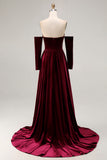 Dark Red Velvet Off the Shoulder A Line Long Evening Dress with Sleeves