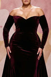 Plus Size Dark Red Velvet A Line Long Off the Shoulder Evening Dress