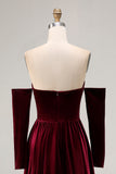 Dark Red Velvet Off the Shoulder A Line Long Evening Dress with Sleeves