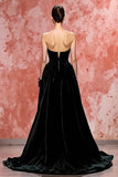 Black A Line Strapless Long Velvet Evening Dress with Slit