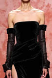 Black A Line Strapless Long Velvet Evening Dress with Slit
