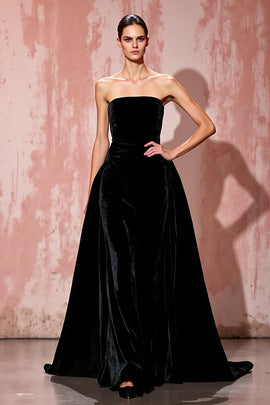 Simple Black Strapless A Line Long Velvet Evening Dress