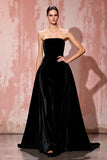 Simple Black Strapless A Line Long Velvet Evening Dress