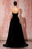 Simple Black Strapless A Line Long Velvet Evening Dress