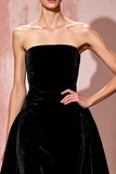 Simple Black Strapless A Line Long Velvet Evening Dress
