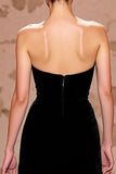 Simple Velvet Black Strapless Long Evening Dress with Slit