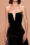 Simple Black Velvet Long Strapless Evening Dress