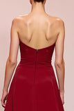 Red Floral Satin Sheath Strapless Ruched Long Evening Dress