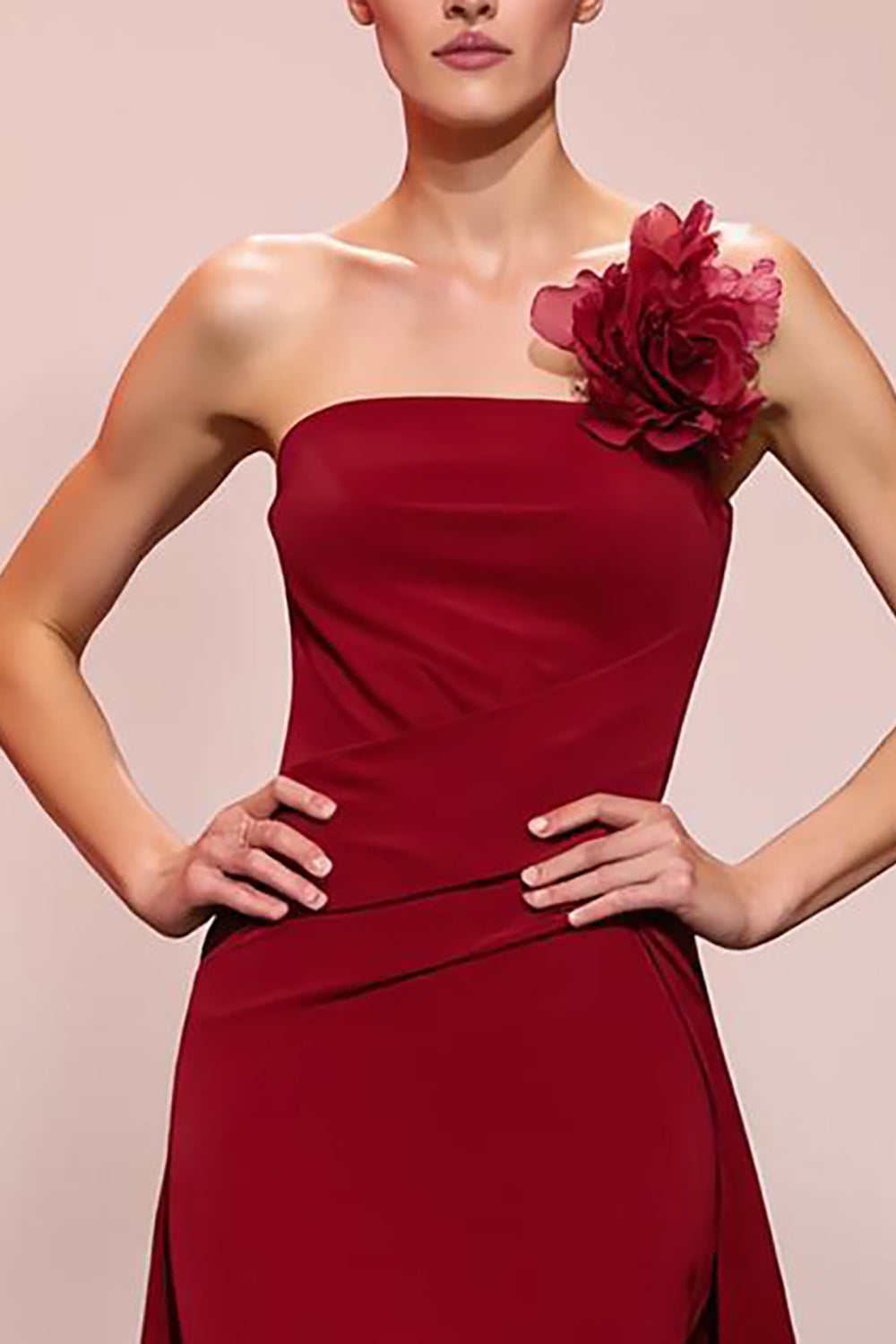 Red Floral Satin Sheath Strapless Ruched Long Evening Dress