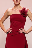 Red Floral Satin Sheath Strapless Ruched Long Evening Dress