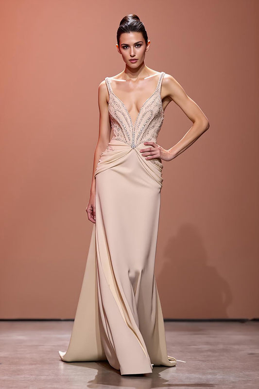 Sparkly Champagne Sheath Deep V-Neck Ruched Long Evening Dress