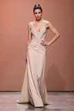 Sparkly Champagne Sheath Deep V-Neck Ruched Long Evening Dress