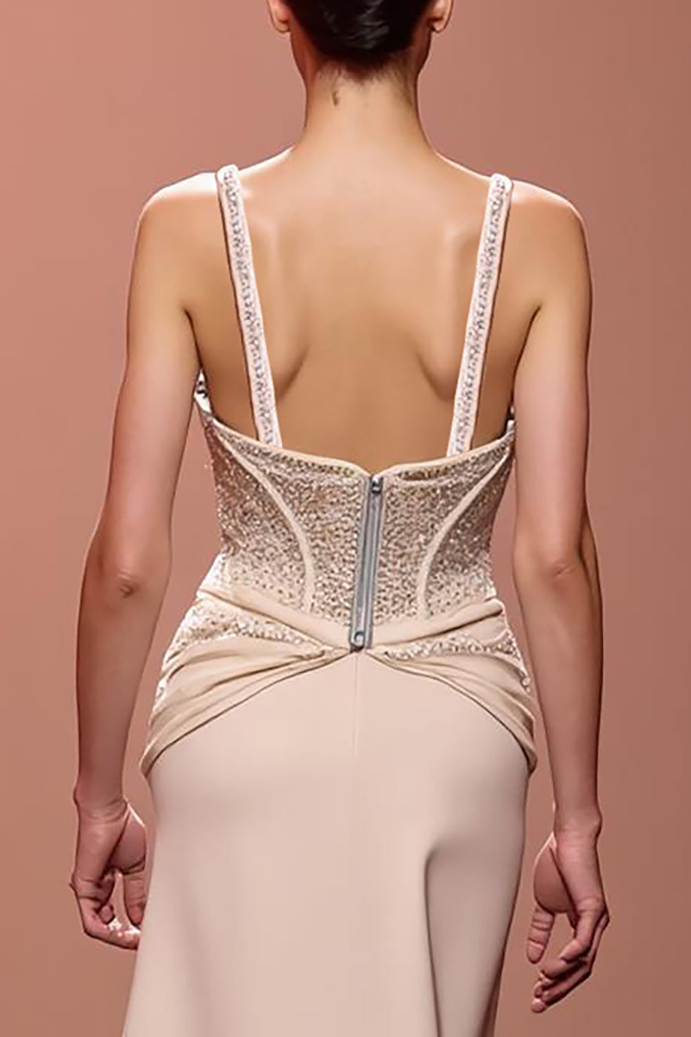 Sparkly Champagne Sheath Deep V-Neck Ruched Long Evening Dress