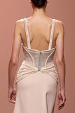 Sparkly Champagne Sheath Deep V-Neck Ruched Long Evening Dress
