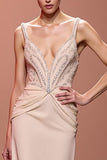 Sparkly Champagne Sheath Deep V-Neck Ruched Long Evening Dress