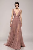 Sparkly Pink Deep V-Neck Ruched Long Evening Dress