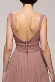 Sparkly Pink Deep V-Neck Ruched Long Evening Dress