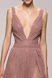 Sparkly Pink Deep V-Neck Ruched Long Evening Dress