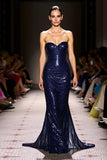 Sparkly Navy Sequin Sweetheart Mermaid Long Evening Dress