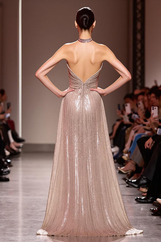 Sparkly Champagne Sequin Halter Backless Long Evening Dress