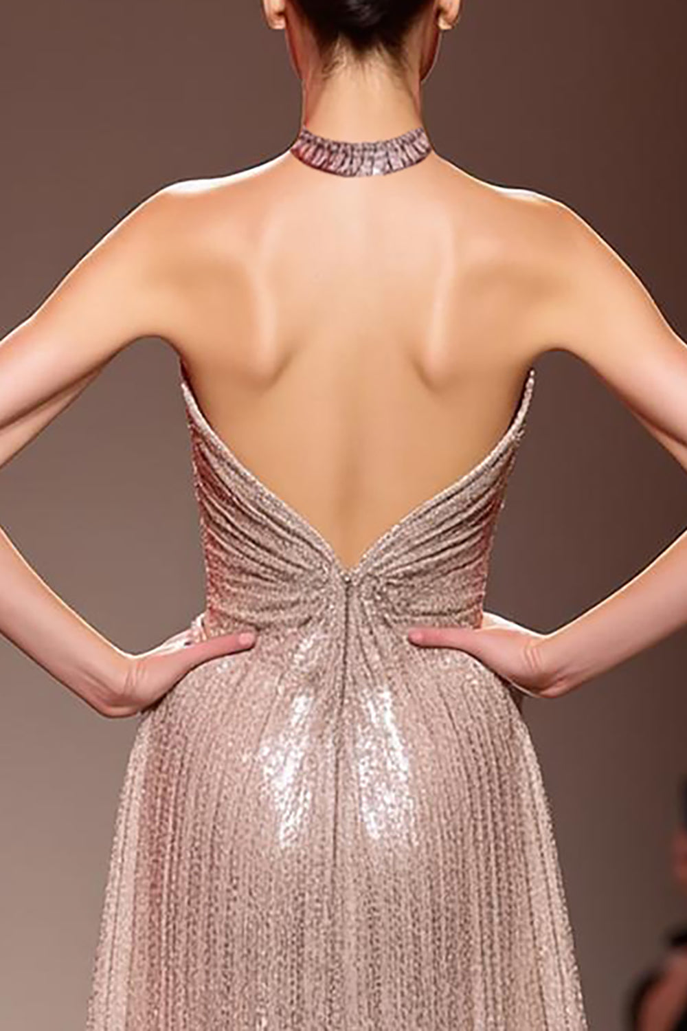 Sparkly Champagne Sequin Halter Backless Long Evening Dress