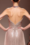 Sparkly Champagne Sequin Halter Backless Long Evening Dress