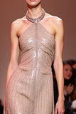 Sparkly Champagne Sequin Halter Backless Long Evening Dress