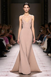 Simple Champagne Satin Mermaid Backless Long Evening Dress