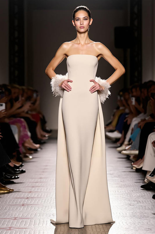 Simple Ivory Sheath Strapless Backless Satin Long Evening Dress