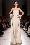 Simple Ivory Sheath Strapless Backless Satin Long Evening Dress