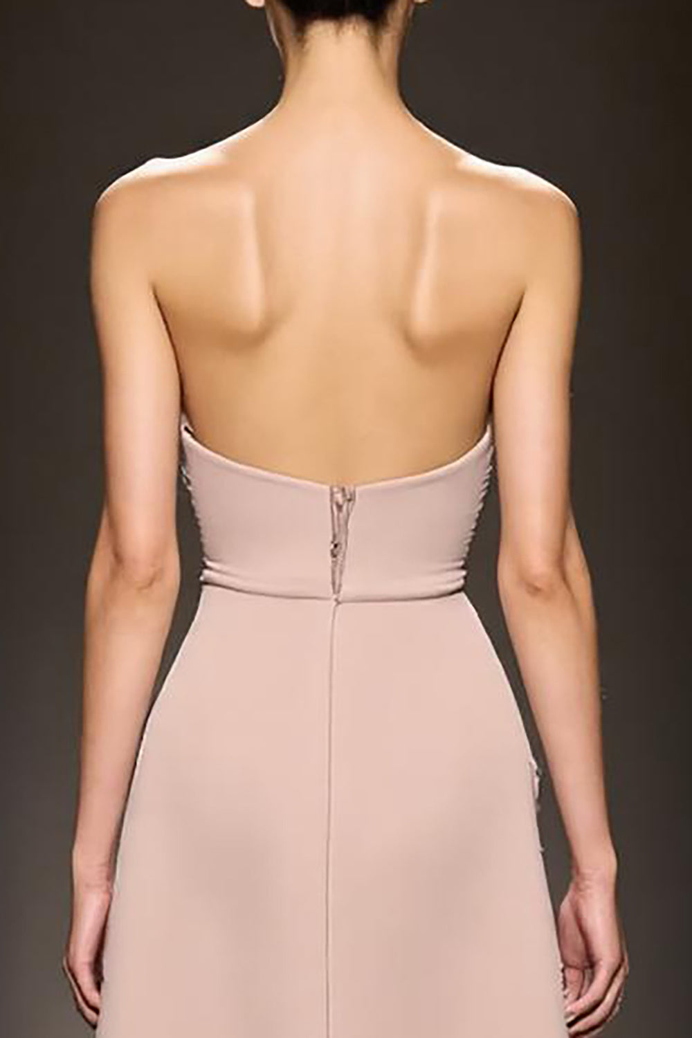 Simple Champagne Satin Sheath Strapless Long Evening Dress with Slit