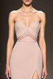 Simple Champagne Satin Sheath Strapless Long Evening Dress with Slit