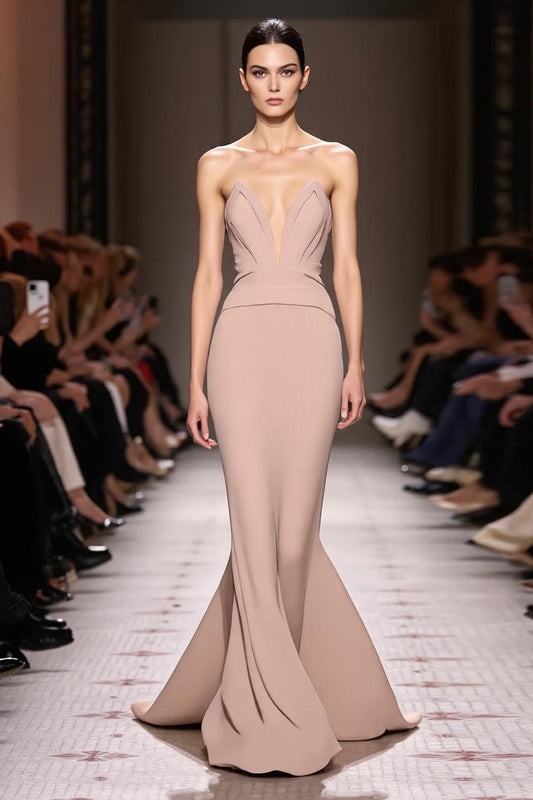 Simple Champagne Mermaid Backless Strapless Long Evening Dress