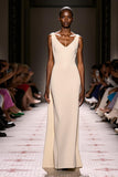 Simple Ivory Satin Long Evening Dress Sheath V-Neck Backless Formal Dress