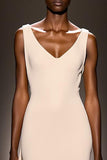 Simple Ivory V-Neck Sheath Satin Backless Long Evening Dress